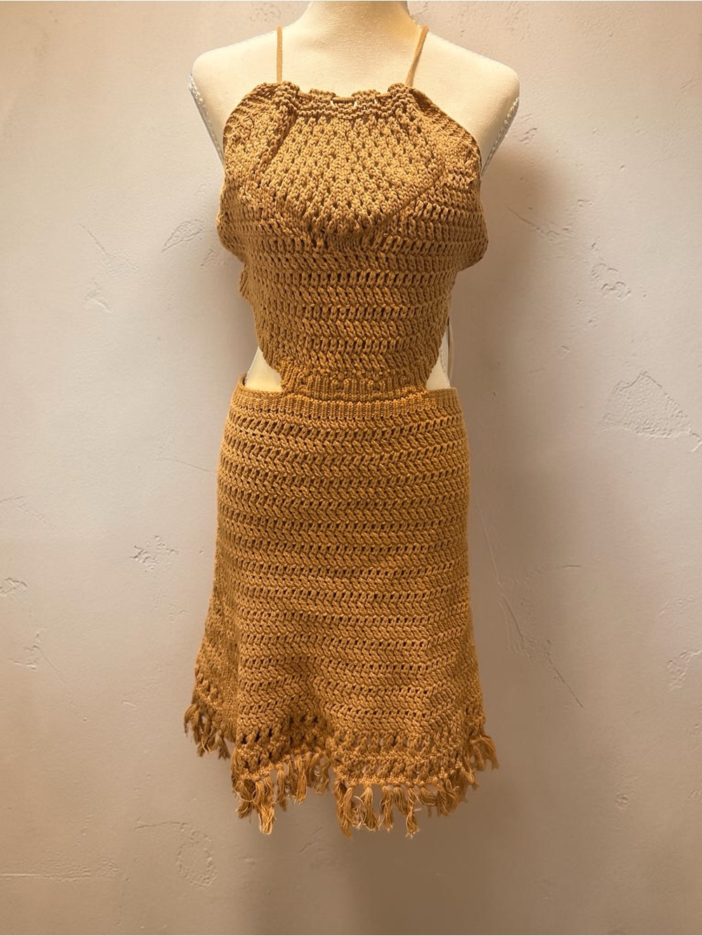 Lucca Crochet Halter Summer Dress Mustard/ Tan color Large